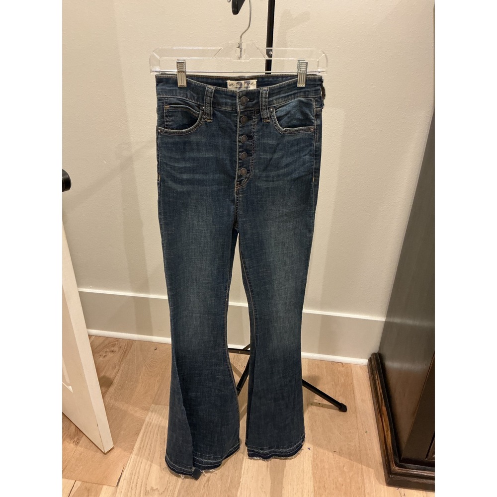 We The Free Free People High Rise Flare Jeans Dark Wash Button Fly Size 27